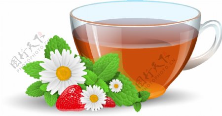 茶杯与鲜花水果