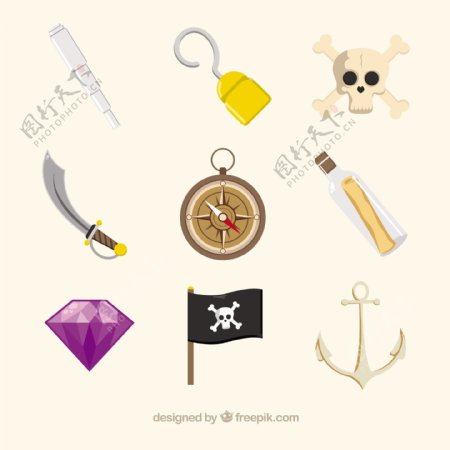 手绘各种海盗元素图标