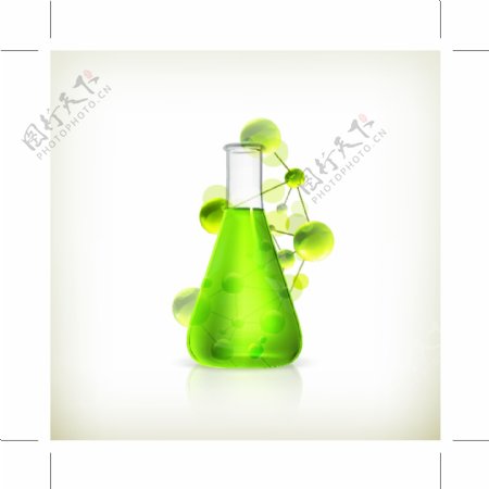 绿色液体烧杯与分子结构图图片