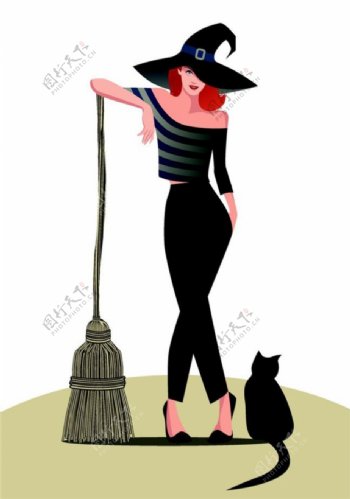 小猫和拿扫把的女人图片