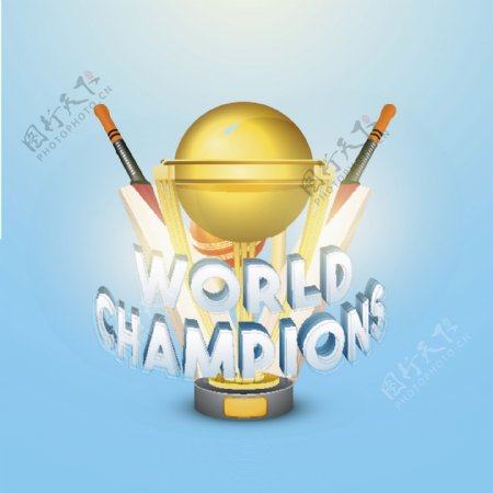 世界冠军文本设计与黄金奖杯蝙蝠和球在闪亮的天空蓝色背景的板球概念