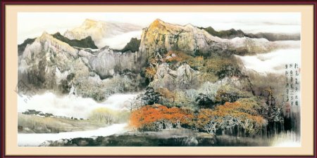 山水风景画中堂画分层插画PSD格式0072