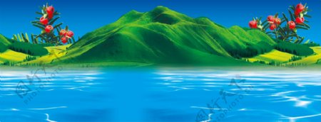 红豆杉山水底图蓝色水青山