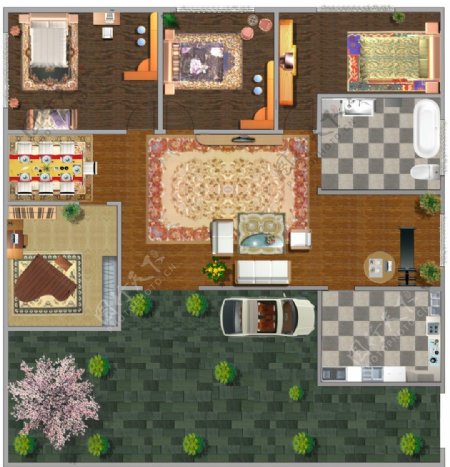 室内平面图以及家具瓷砖小车