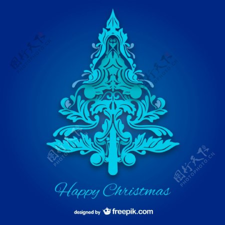 精美蓝色剪纸圣诞树矢量素材