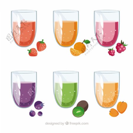 6种玻璃杯装的果汁矢量素材