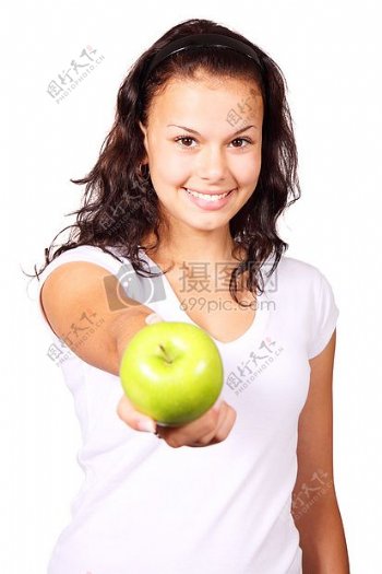 食品健康妇女手苹果女孩绿色控股单水果饮食手指多汁女