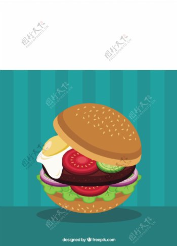 美味的汉堡插图蓝色条纹背景