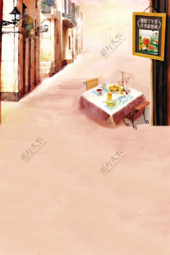 粉色卡通街道餐桌H5背景