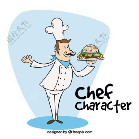 手绘厨师拿着美味的汉堡