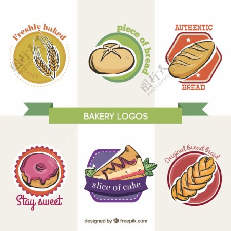 手工绘制的面包店标志与甜点和面包