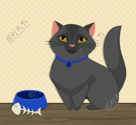 黑色宠物猫和鱼骨头矢量素材下载