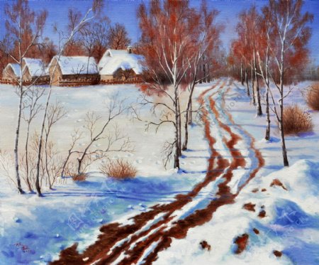 村庄雪景油画图片