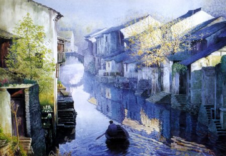 油画乡村河流与建筑图片