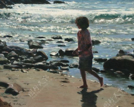 沙滩上奔跑的小女孩油画图片