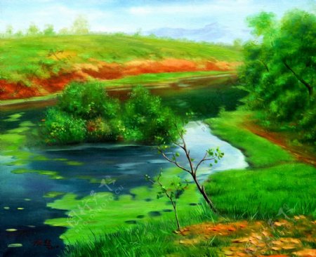春天河流风景油画写生图片