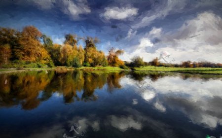 美丽树林湖泊风景油画图片