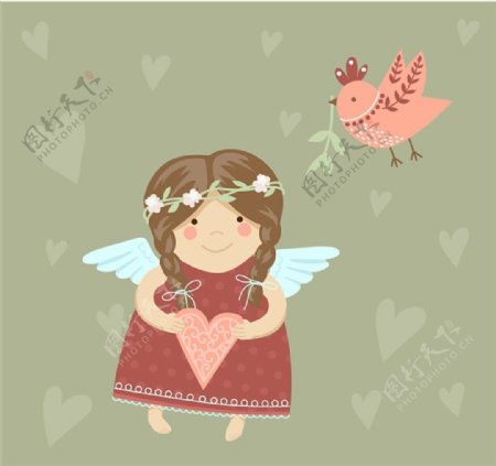 爱心天使小女孩和小鸟