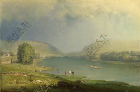 湖泊风景油画图片