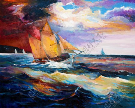 海面上的帆船风景油画图片