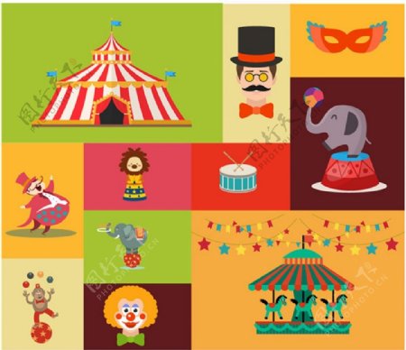 马戏团的设计元素与各种风格自由向量插图