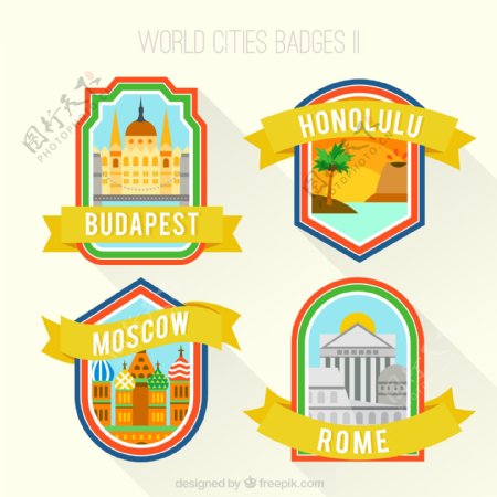 4款环球旅行城市标签矢量素材