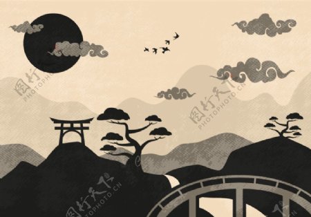 中国传统古代艺术小桥流水失量图