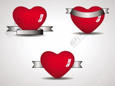 三离体心脏有不同形状的元素丝带矢量插画EPS10