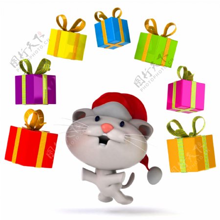 礼物盒和戴圣诞帽子的老鼠图片