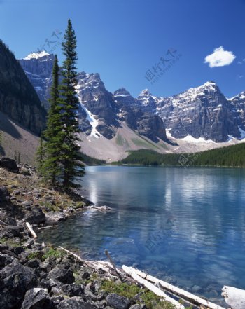 蓝天下的雪山湖泊美景