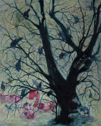 树木小鸟油画图片