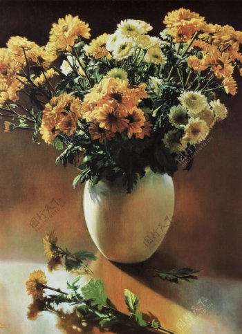 菊花花瓶静物油画图片