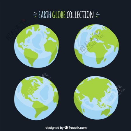 四个不同的手绘地球仪图案素材