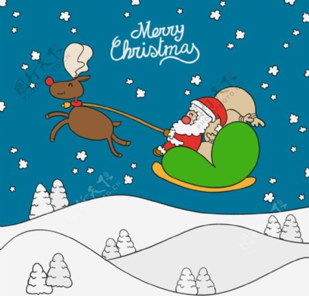 卡通圣诞老人与雪橇背景矢量素材