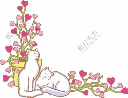 卡通小猫粉色花朵元素
