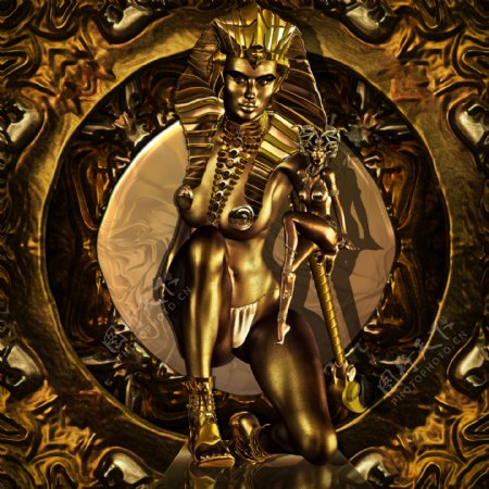 金色圆环前的金色埃及人体图片