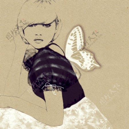 蝴蝶与女孩插画图片