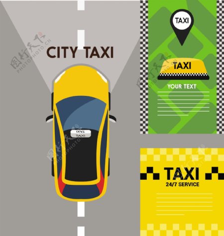 出租车的概念与各种颜色风格自由向量插图