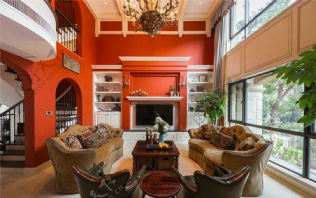 美式豪华橙色客厅设计图