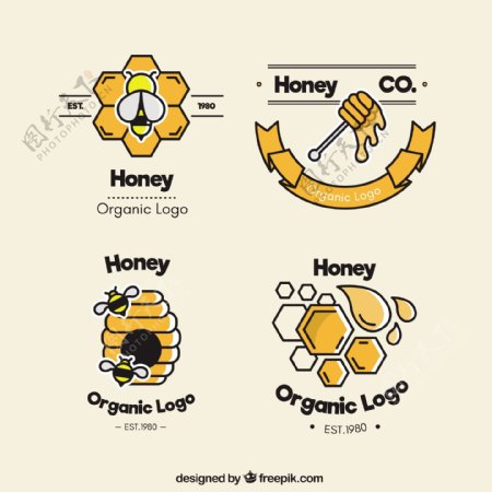 四个蜂蜜标志扁平的风格