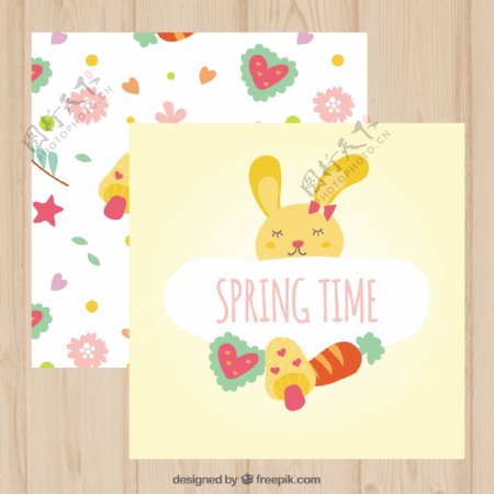 手工绘制的兔子与花的元素卡