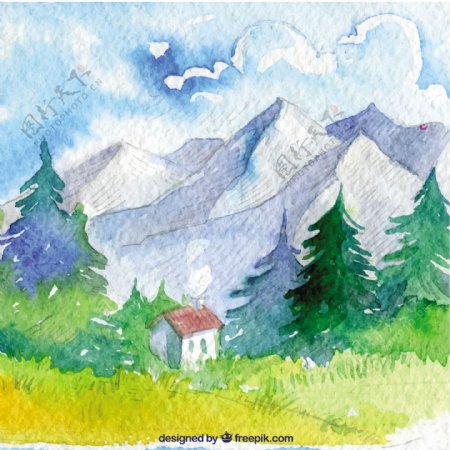 水彩画与松树和房子