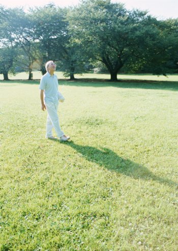 草地上的散步的老年人图片