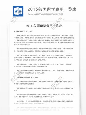 2015各国留学费用一览表