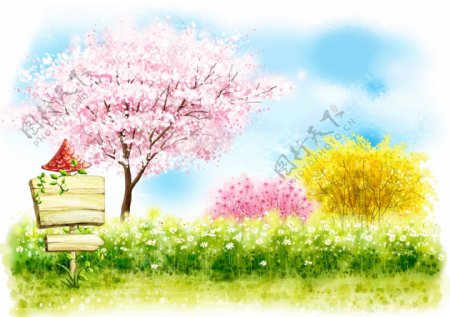 手绘韩式风景春天唯美插画设计