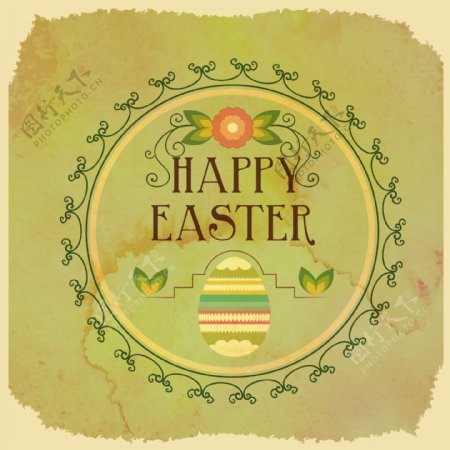 旧货复活节插图与框架鸡蛋和鲜花