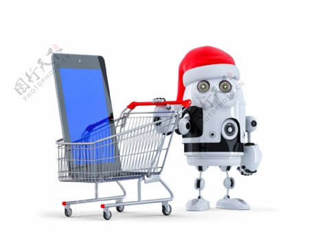 平板电脑和机器人的圣诞购物车