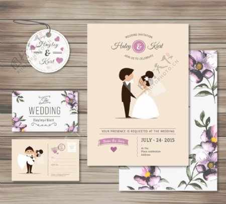 3款紫色婚礼卡片矢量素材