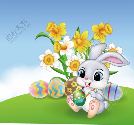 鲜花旁边一只兔子拿着彩蛋