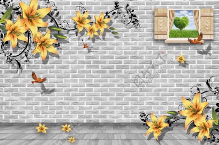 砖墙花卉背景墙